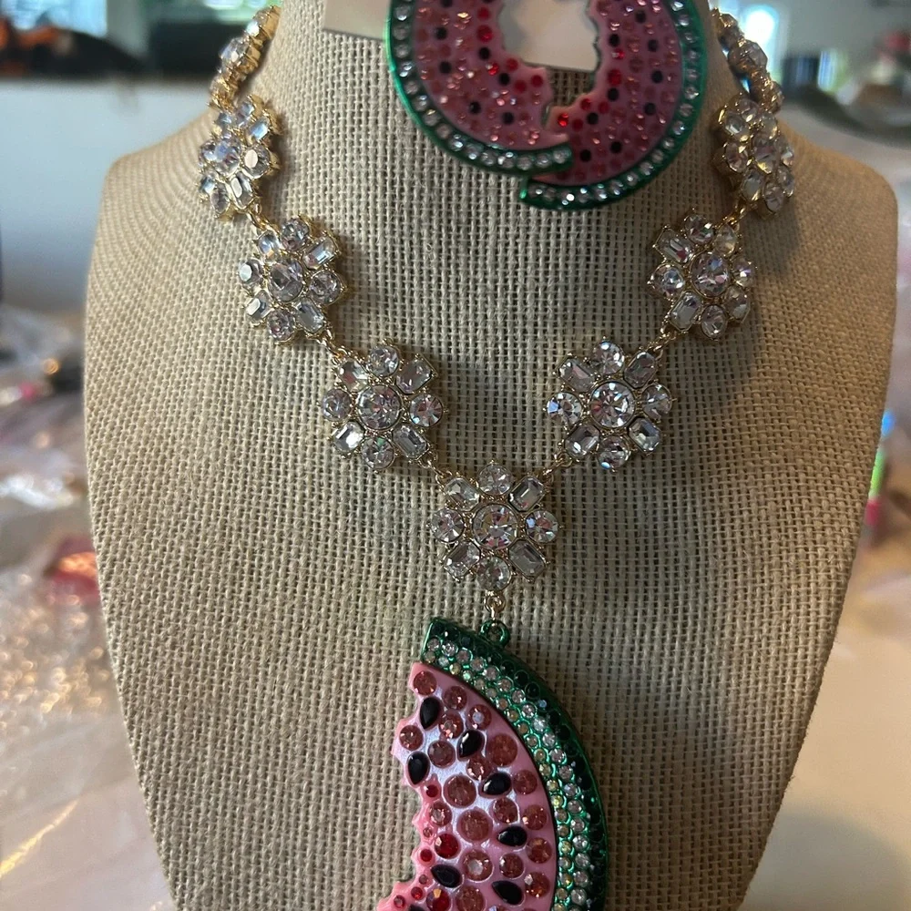 Betsey Johnson Watermelon Necklace with Pink and Green Accents with Earrings - Picture 3 of 4